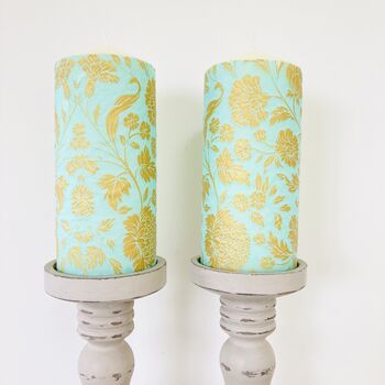 Floral Pillar Candle ~ Turquoise /Gold, 4 of 5