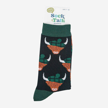 Highland Cow Scottish Tartan Hat Men's Bamboo Socks Black Green, 3 of 3