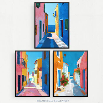 Set Three Wall Art Prints Colourful Village Sea Greek, 4 of 7