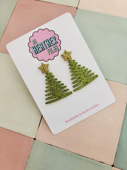 Green Squiggle Glitter Christmas Tree Earrings / Festive Jewellery / Sparkly Abstract Tree Earrings / Holiday Jewellery / Christmas Gift, 4 of 5