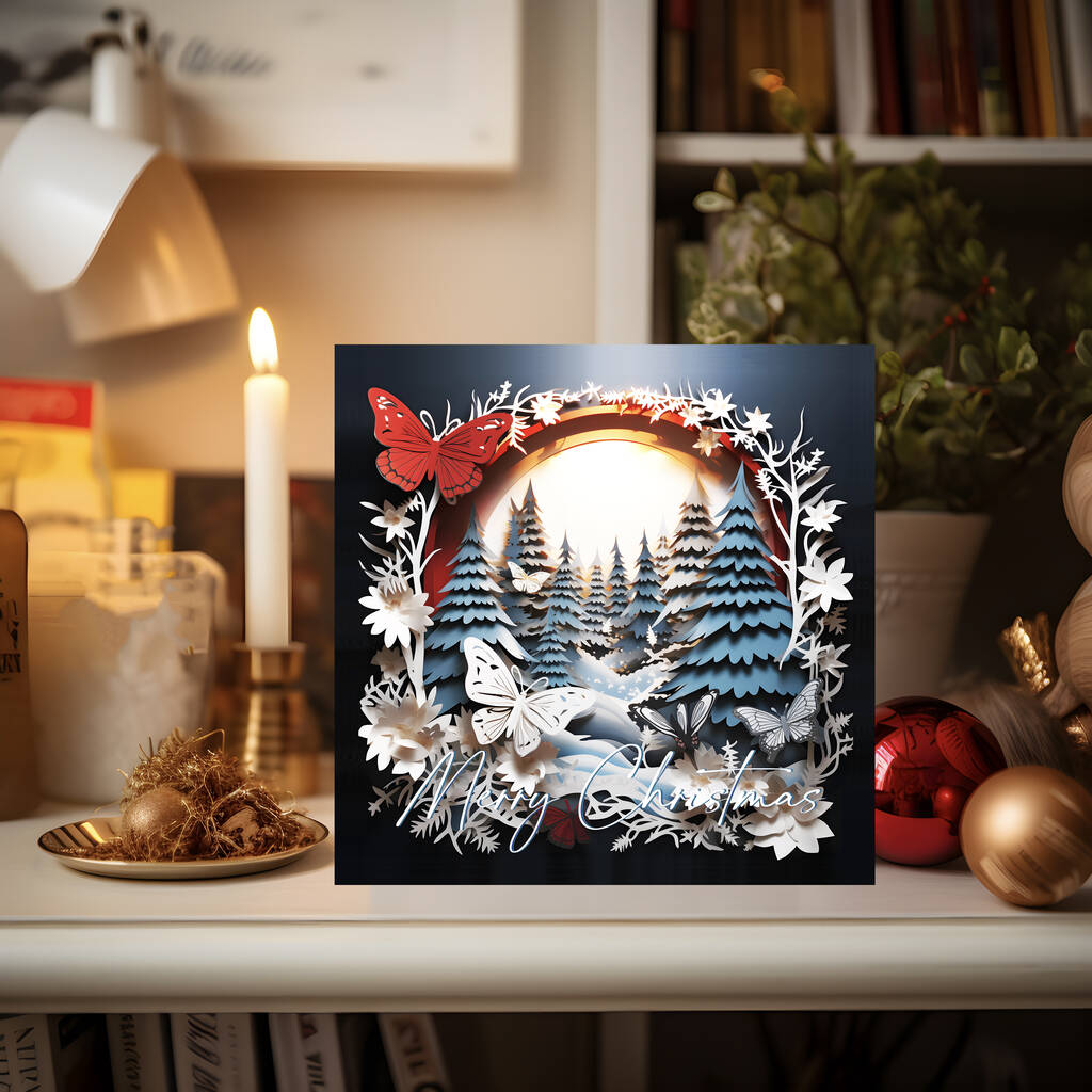 Butterfly Christmas Tree Snowy Silent Night Card, 1 of 12