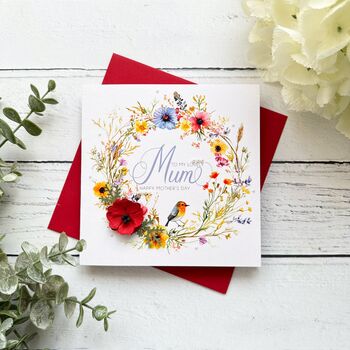 Handmade Floral Mother's Day Card: Paper Poppy And Bird Design. Customisable, 2 of 9
