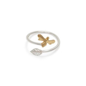 Adjustable Bee And Leaf Ring In Silver And Gold Vermeil, 4 of 5