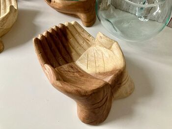 19cm Double Hand Hope Molten Glass Bowl On Teak Root, 8 of 9