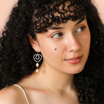 Stainless Steel Pearl Heart Huggie Drop Earrings In Gold Plating, 3 of 5