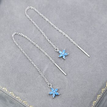 Aquamarine Blue Cz Flower Threader Earrings, 4 of 12
