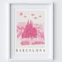 Barcelona, Spain Pink City Skyline Scene Travel Print, thumbnail 2 of 2