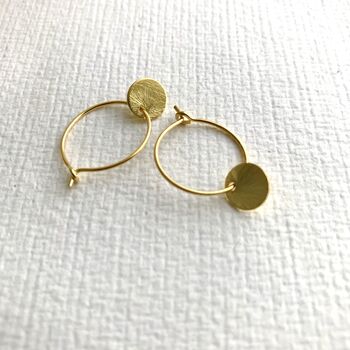 Brushed Gold Plated Sterling Silver Disc Hoops, 3 of 7