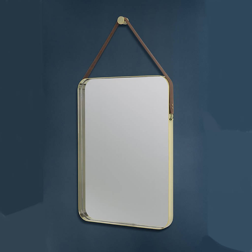 Rectangular Brass And Leather Hanging Wall Mirror By I Love Retro