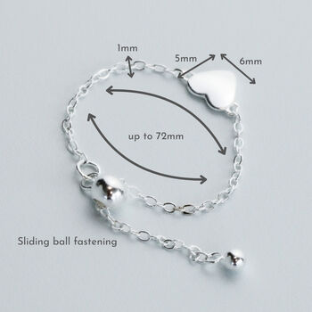 Sterling Silver Heart Charm Adjustable Chain Ring, 3 of 5