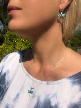 Silver Turquoise Dragonfly Necklace And Earring Set, 2 of 10