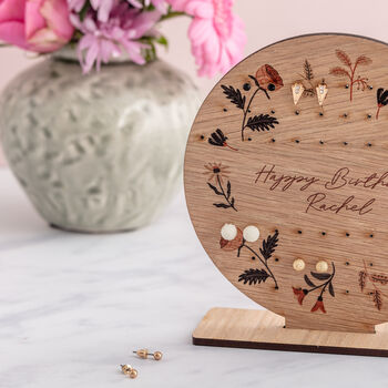 Personalised Round Wooden Floral Earring Storage Stand, 2 of 4