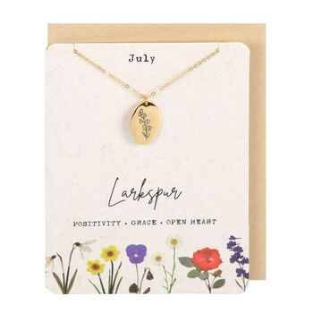 July Larkspur Birth Flower Necklace Card, 2 of 4