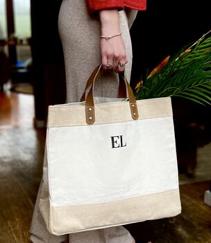 Personalised Natural Jute Shopper With Leather Handles, 10 of 10