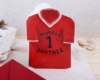 Football Number One Brother Birthday Card With Blue Or Red T Shirt Design, 2 of 8