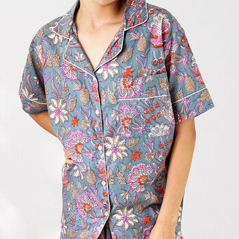 Floral 100% Cotton Ladies Pyjama Short Set In Grey And Pink, 3 of 5