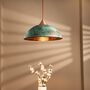 Verdigris Tall Hammered Copper Pendant Light, Handcrafted Green Patina Ceiling Lamp With Copper Fixtures, thumbnail 1 of 5