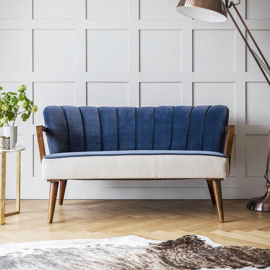 tallulah two seater sofa in blue velvet and linen by atkin and thyme