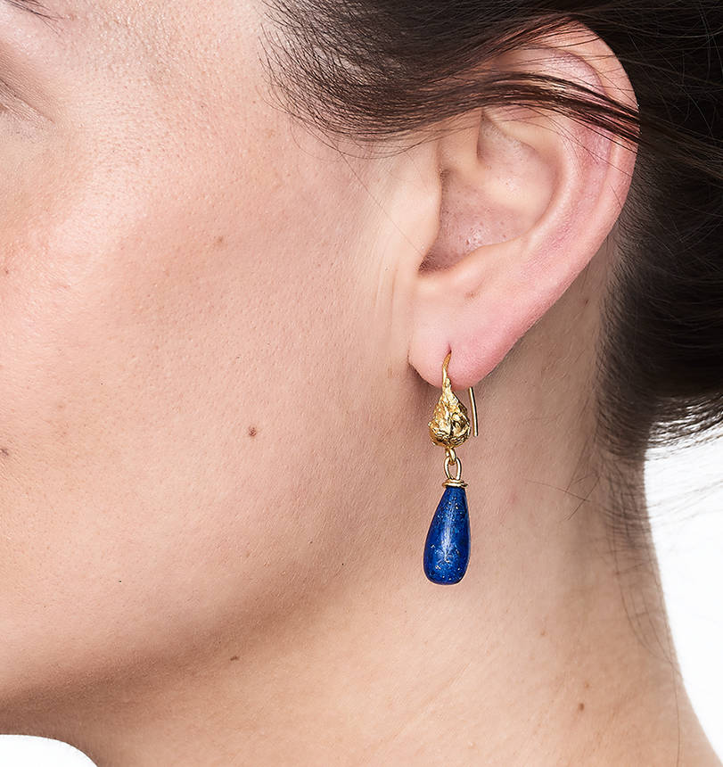 Gold Nugget And Lapis Lazuli Drop Earrings By Deborah Blyth Model Wearing Lapis Lazuli Earrings