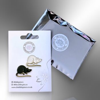 Two Piece Black And White Rat Mouse Enamel Pin Brooch Set, Lapel Badge Gift For Animal Lovers And Rat Owners, 5 of 8