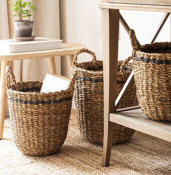 Round Seagrass Basket With Charcoal Stripe, 3 of 6