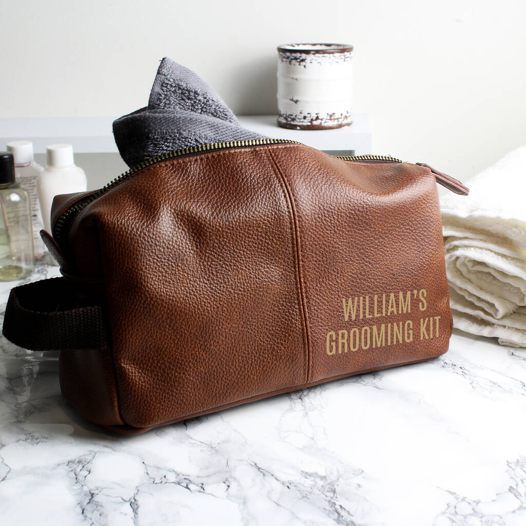Personalised Luxury Brown Leatherette Wash Bag, 1 of 8