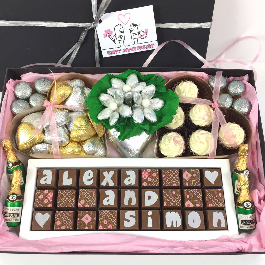 large personalised silver wedding anniversary hamper by chocolate by cocoapod chocolate