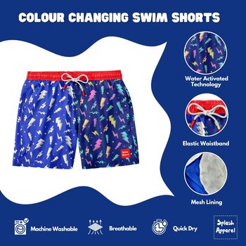 Kids Colour Changing Swim Shorts Lightning Bolts, 6 of 7