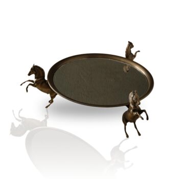 Round Brass Tray With Three Horse Base Mirrored Surface, 3 of 6