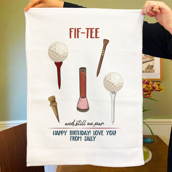 Personalised Fif Tee Tea Towel 50th Birthday Gift For Golfers, 2 of 3