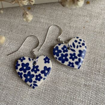 Blue Flower Ceramic Heart Earrings, 7 of 10