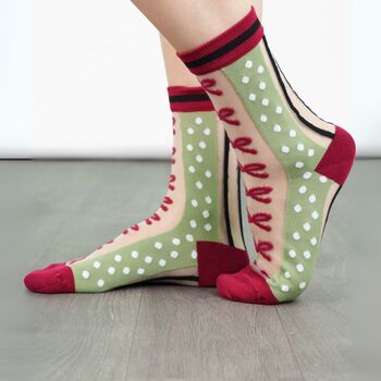 Sheer Pop Socks Ankle Highs Polka Dot Bows Green Red, 3 of 3