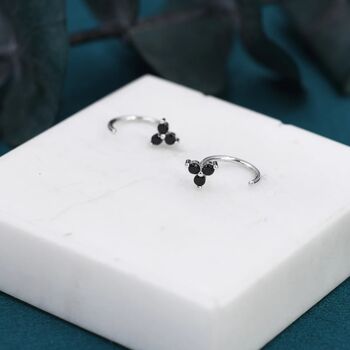 Black Trio Huggie Hoop Earrings Sterling Silver, 6 of 11