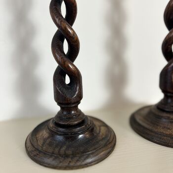 Pair Of Vintage Tall Oak Barley Twist Candlesticks, 5 of 5