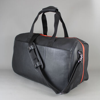 Black Leather Wide Opening Weekend Bag With Orange Zip, 2 of 9