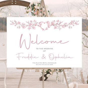 Wedding Welcome Sign Pink Heart Cherry Blossom, 2 of 7