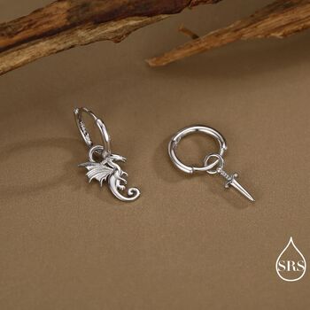 Mismatched Tiny Dragon And Sword Huggie Hoops In Sterling Silver, 3 of 12