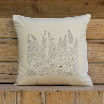 Hollyhocks And Bumble Bees Cushion Cover, 2 of 4