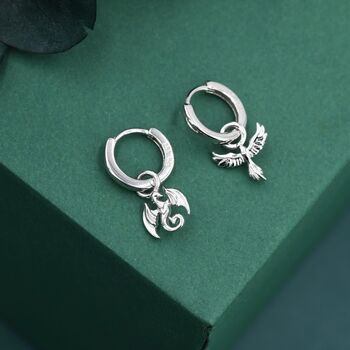 Mismatched Phoenix And Dragon Charm Huggie Hoop Earrings In Sterling Silver, 7 of 12