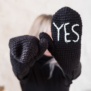 Handmade Yes No Embroidered Mittens, 5 of 8