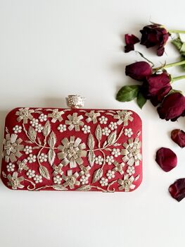 Delhi Dark Red Silk Clutch | Bridal Evening Bag | With Gift Box, 3 of 7