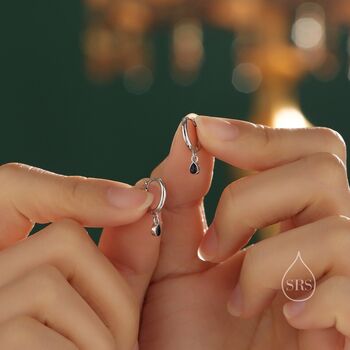 Extra Tiny Black Dotted Droplet Cz Huggie Hoop Earrings In Sterling Silver, 2 of 12