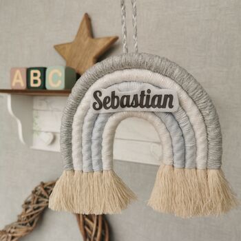 Personalised Rainbow Macrame, Grey Nursery Wall Hanging, 9 of 11