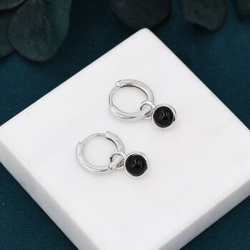 Sterling Silver Dangling Black Onyx Hoop Earrings, 2 of 11