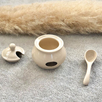 Cream Ceramic Sugar Bowl And Serving Spoon, 5 of 8