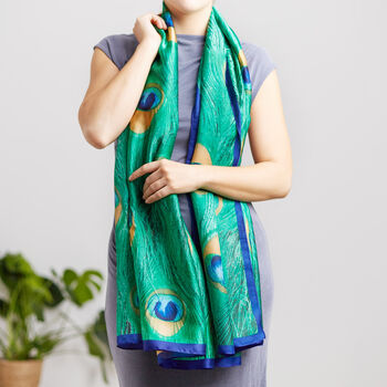Peacock Feather Print Silk Scarf, 3 of 5