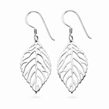 Sterling Silver Cut Out Skeleton Leaf Drop Earrings – 39mm X 15mm, 7 of 8