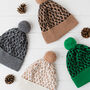 Lambswool Knitted Leopard Pom Pom Hat, thumbnail 1 of 12
