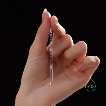 Sterling Silver Cz Bezel Cascade Drop U Threader Earrings, 6 of 11