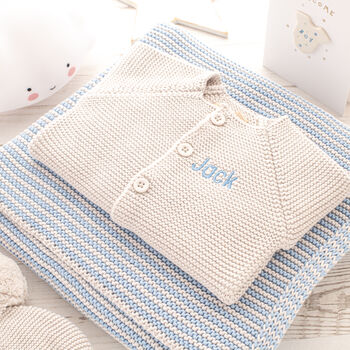 Baby Boy Cosy Cardigan And Blue Mini Stripe Blanket Set, 12 of 12